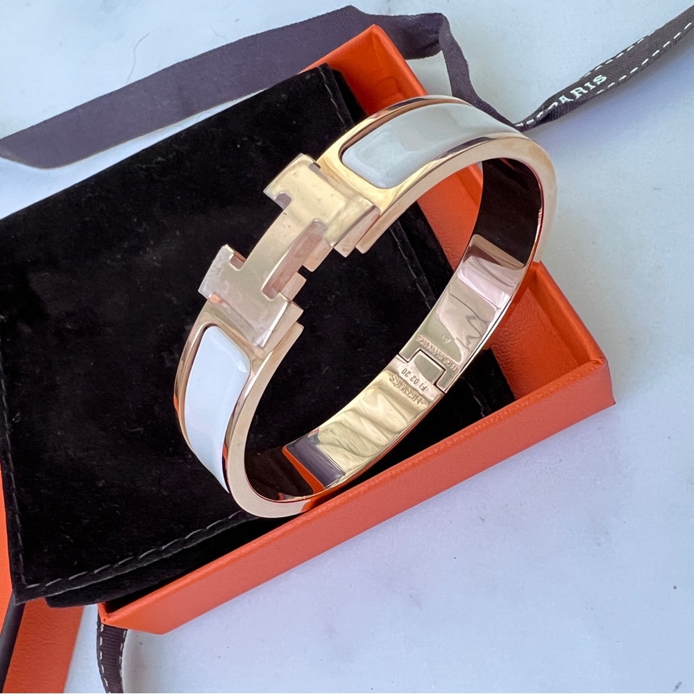 Hermes white enamel rose gold bangle size small